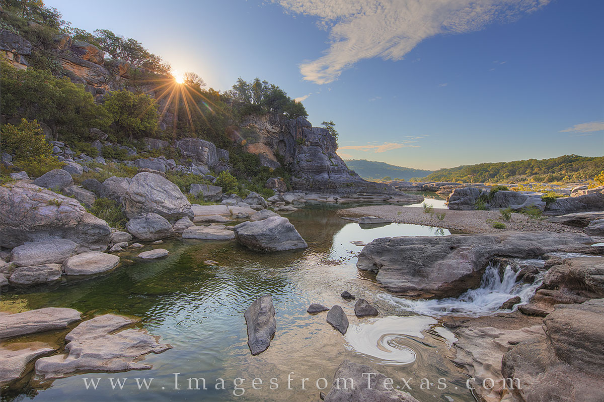 pedernales falls, texas hill country, pedernales river, sunrise, water, texas state parks, state park images, september
