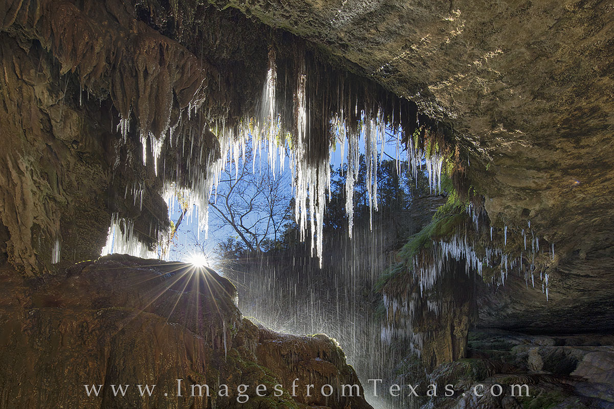 westcave preserve, texas hill country, texas snow, texas ice, hamilton pool, grotto, icicles, sunburst, texas sunrise, melting water