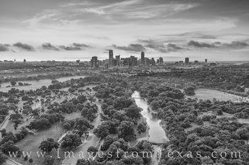 Barton Springs and Austin Aerial Black and White 602-2