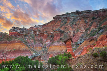 Hiking in Palo Duro Canyon at sunset can lead to amazing landscapes. Seen here is the Devil's Tombstone, a hoodoo along the GSL Trail.