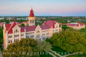 Holy Cross Hall and the Main Building of St. Edward's University near downtown Austin are seen here in an aerial view.