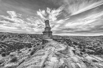 The Lighthouse of Palo Duro Canyon in Black and White in fading February light.