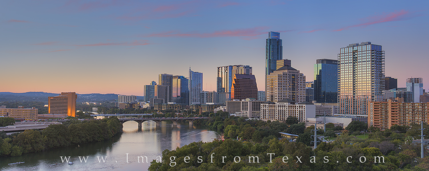 On a nearly perfect evening in Texas' capitol city, this panorama shows the Austin skyline rising into the cool autumn air. The...