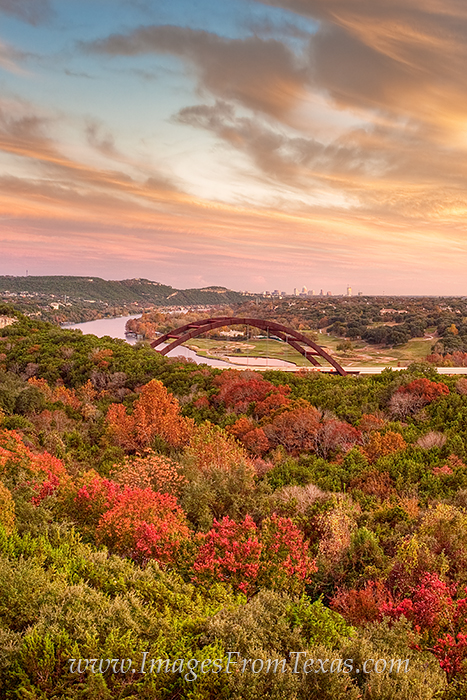 Autumn colors light up the foreground of the 360 Bridge. In the distance, the Austin skyline can be seen on this crisp early...