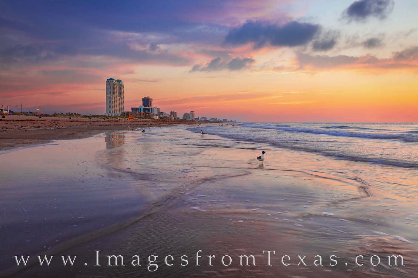 The skyline from South Padre is reflected on the beach in this morning photograph. I had gulls watching me and clouds moving...