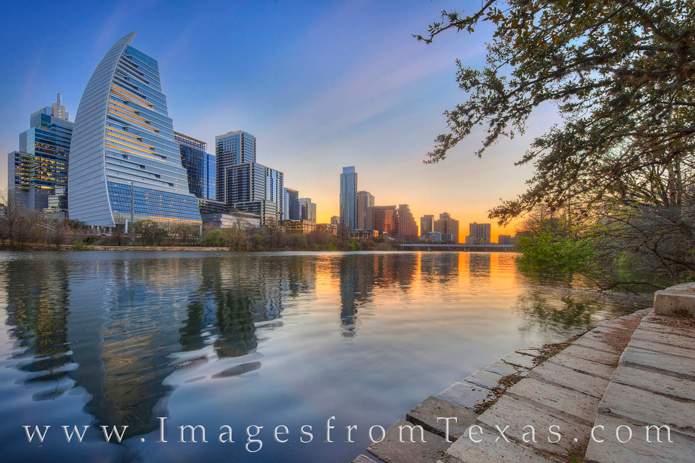 Sunrise as seen from Town Lake in downtown Austin, Texas.
