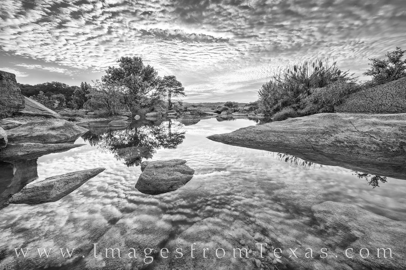 This black and white photograph comes from a perfect morning along the Pedernales River in the Texas Hill Country. The water...