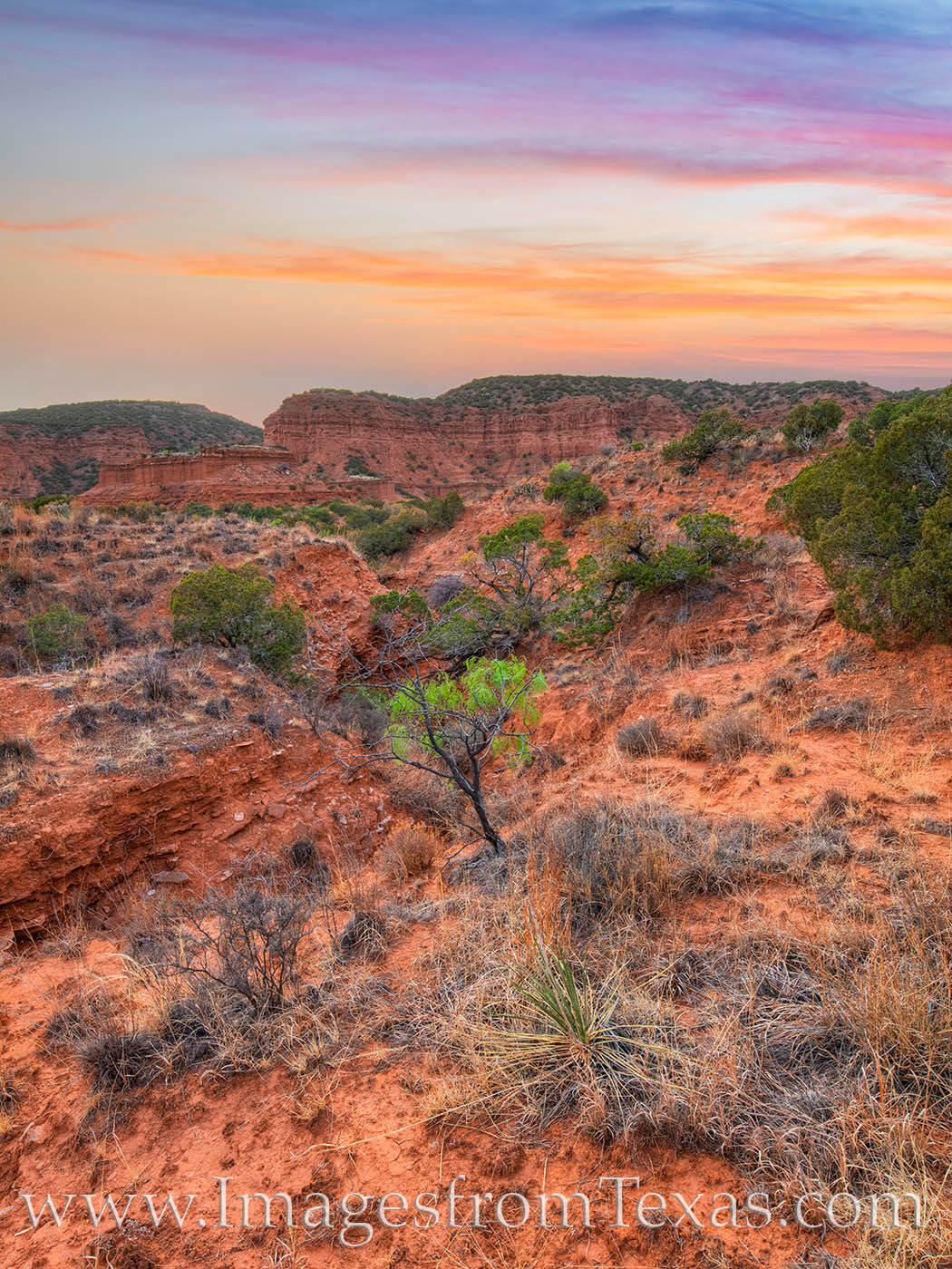 Taken far off-trail, this photo shows the rugged and beautiful terrain of Caprock Canyons at sunset.
