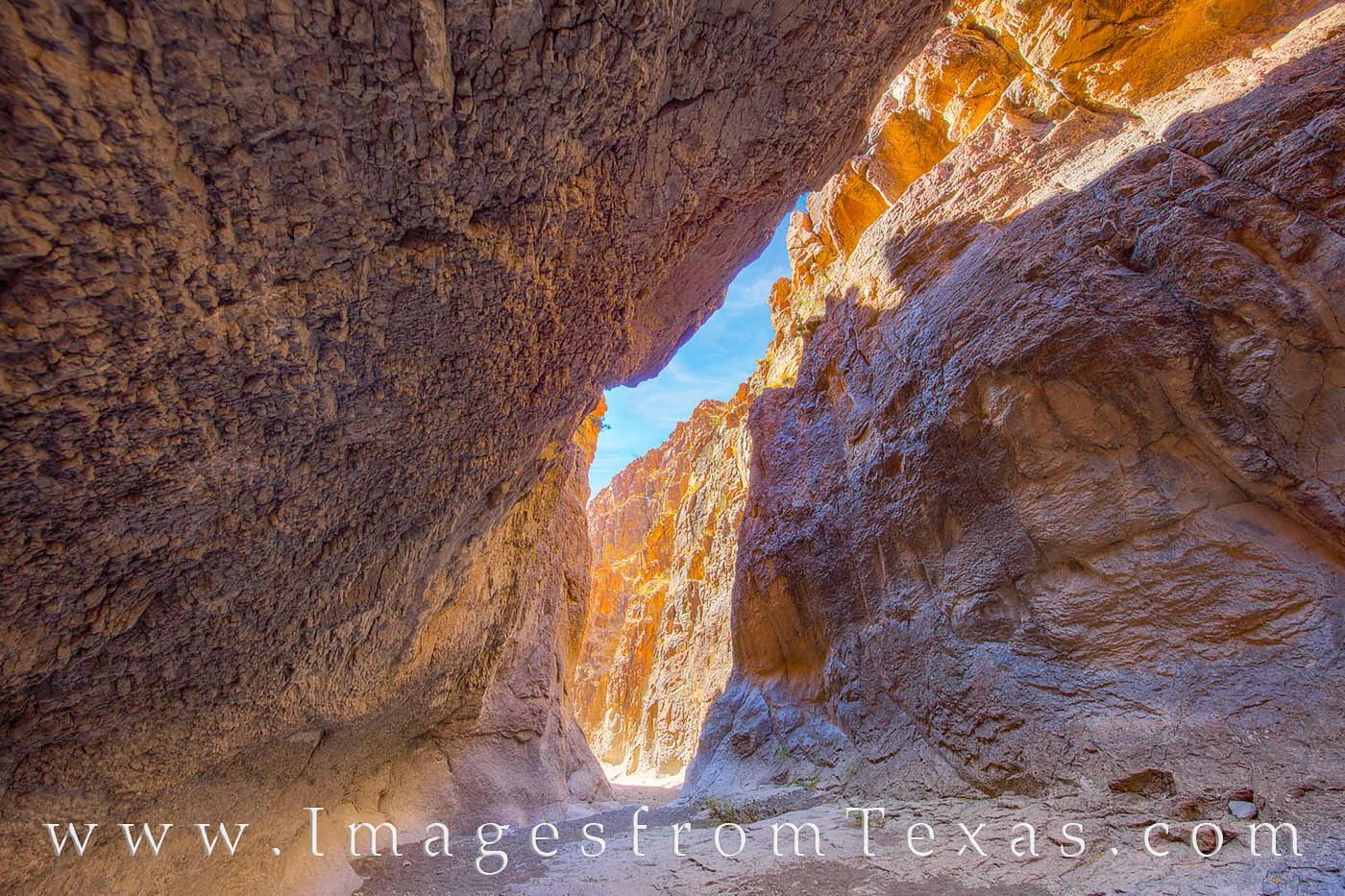 A rocky overhang offers shade on a spring day in Closed Canyon, a magnificent slot canyon in Big Bend Ranch State Park. Even...
