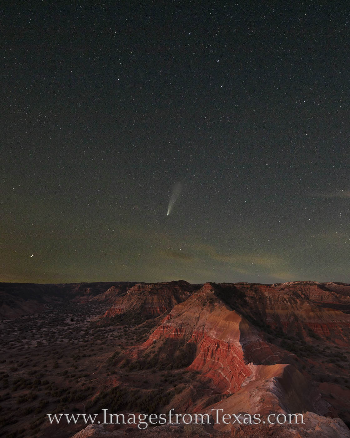 palo duro canyon, comet, neowise, moon, big dipper, capitol peak, summit, night sky, hiking, state park