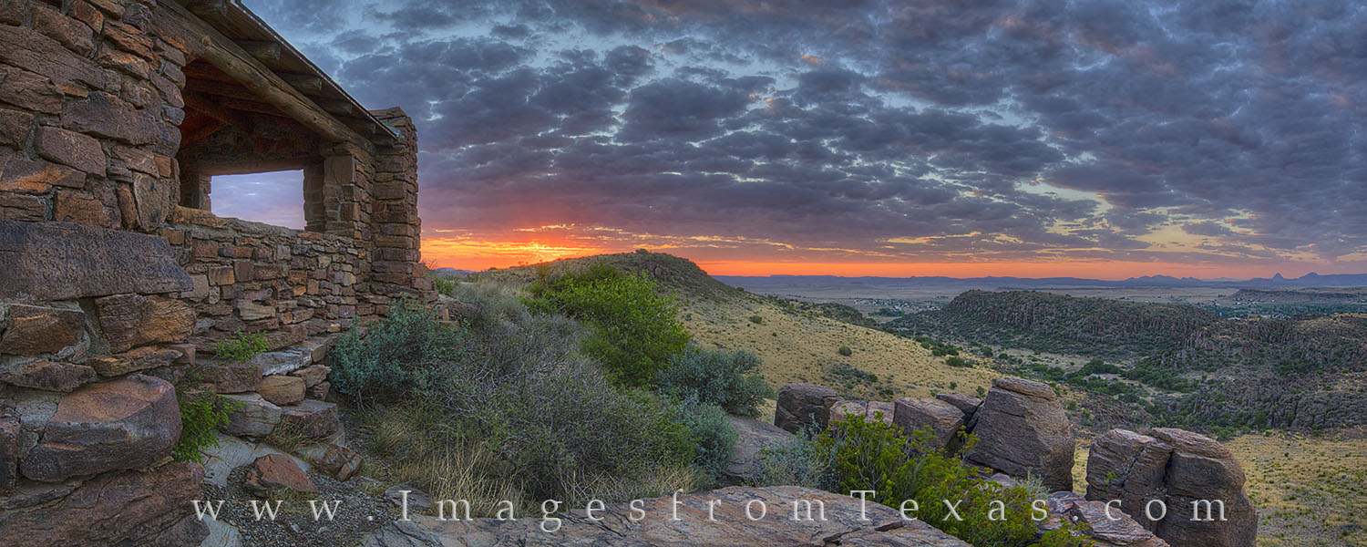 This panorama of the Davis Mountains was taken on an early summer morning from the end of the Skyline Drive where an old stone...