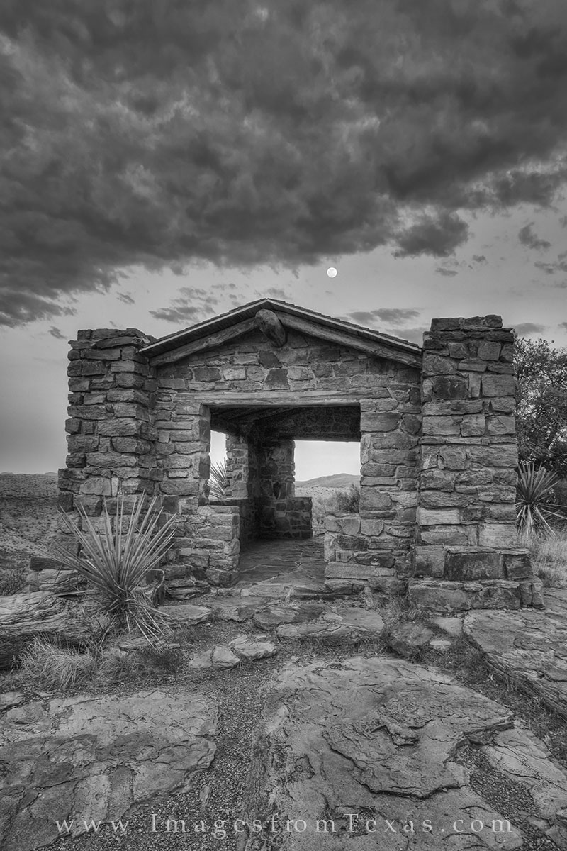 This black and white image comes from the Davis Mountains. An old building constructed in the 1930s by the CCC still stands...