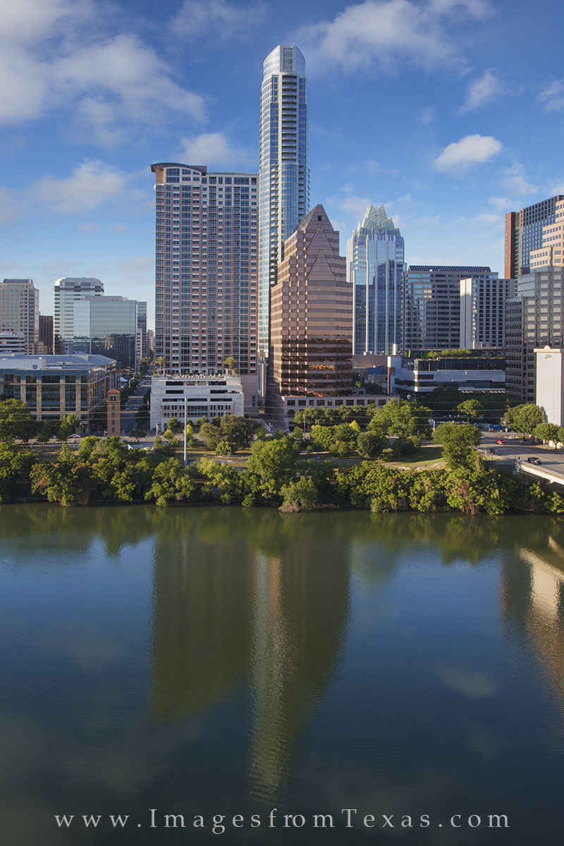 This vertical photograph of downtown Austin, Texas, shows a few of the most famous high rises of the skyline - the Austonian (...