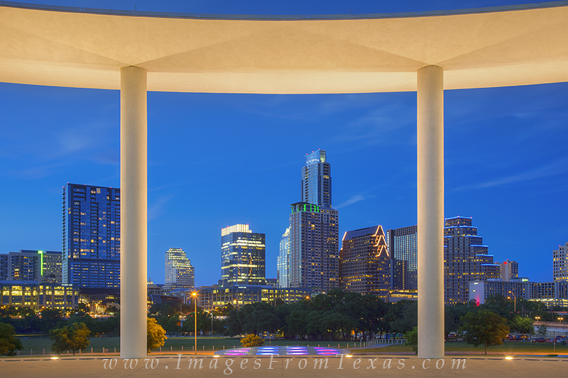 Looking out at downtown Austin, Texas, from the Long Center, you have a great view of the skyline, including the Austonian. Ladybird...