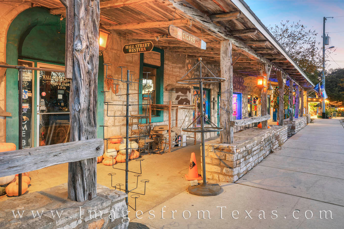 In the morning before the shops open, the main shopping area of downtown Wimberley is quiet before the bustling day begins.