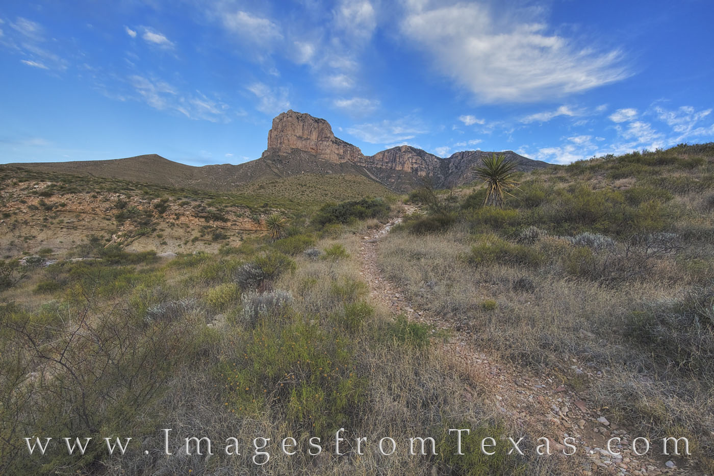 Soft clouds drive across El Capitan in the Guadalupe Mountains on a nice Autumn morning. The El Capitan Trail provides views...