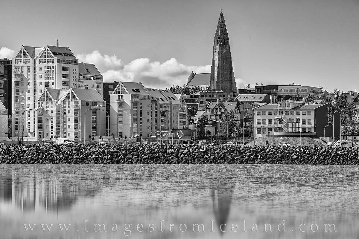 A beautiful morning finds the iconic Hallgrímskirkja church towering over the capitol city in the beautiful city of Reykjavik...