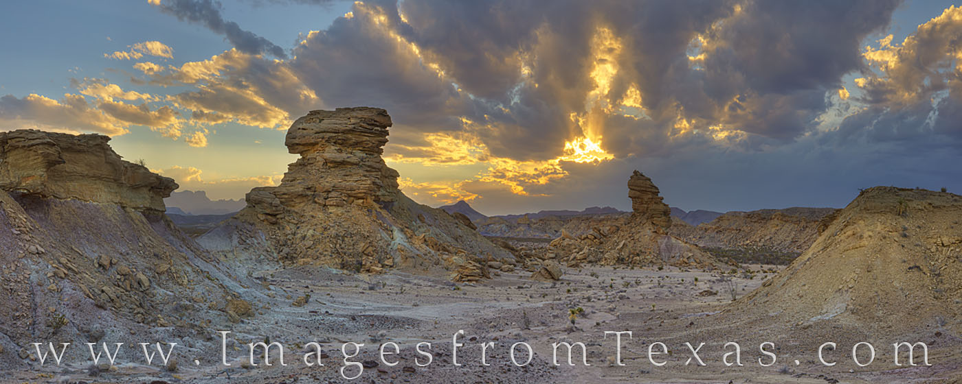 This panorama comes from the Tornillo Flats, a wash area just north of the Chisos Mountains. This group of hoodoos is a short...