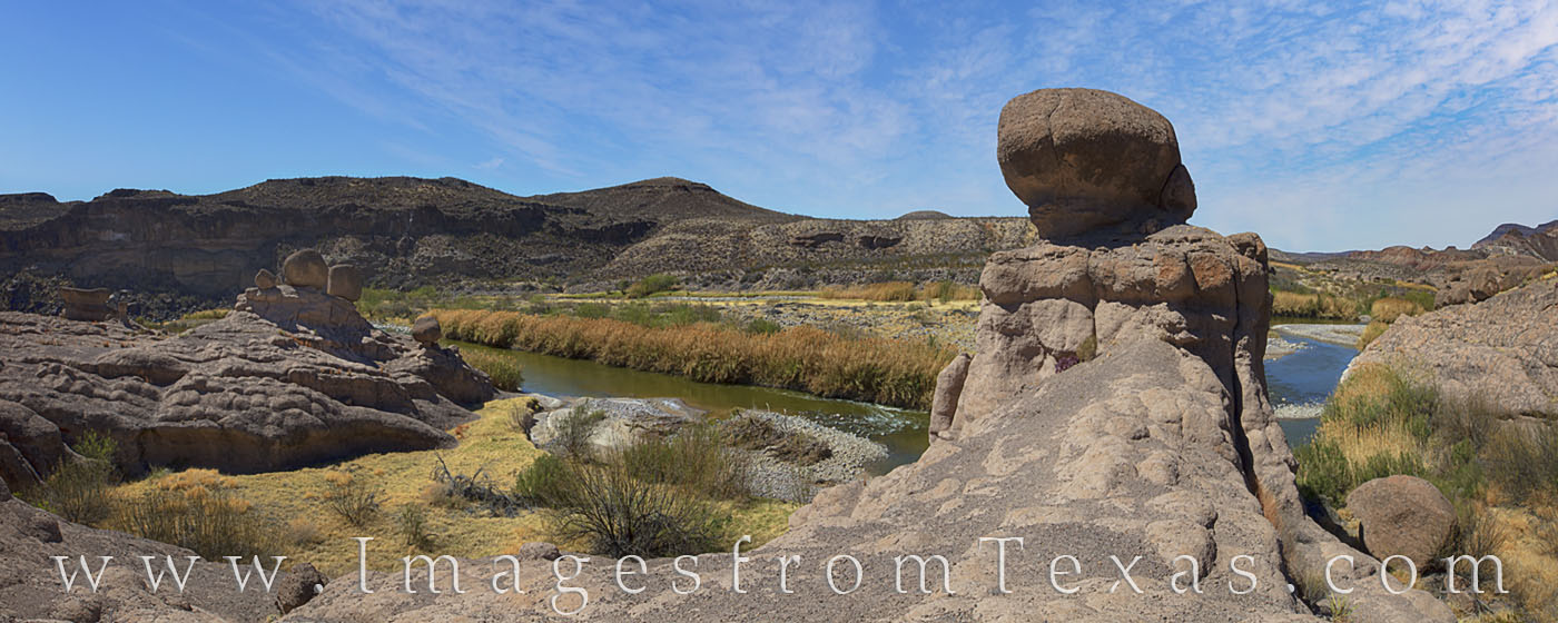 From the winding Rio Grande on the south side of Big Bend Ranch State Park, this springtime panorama shows a few of the hoodoos...