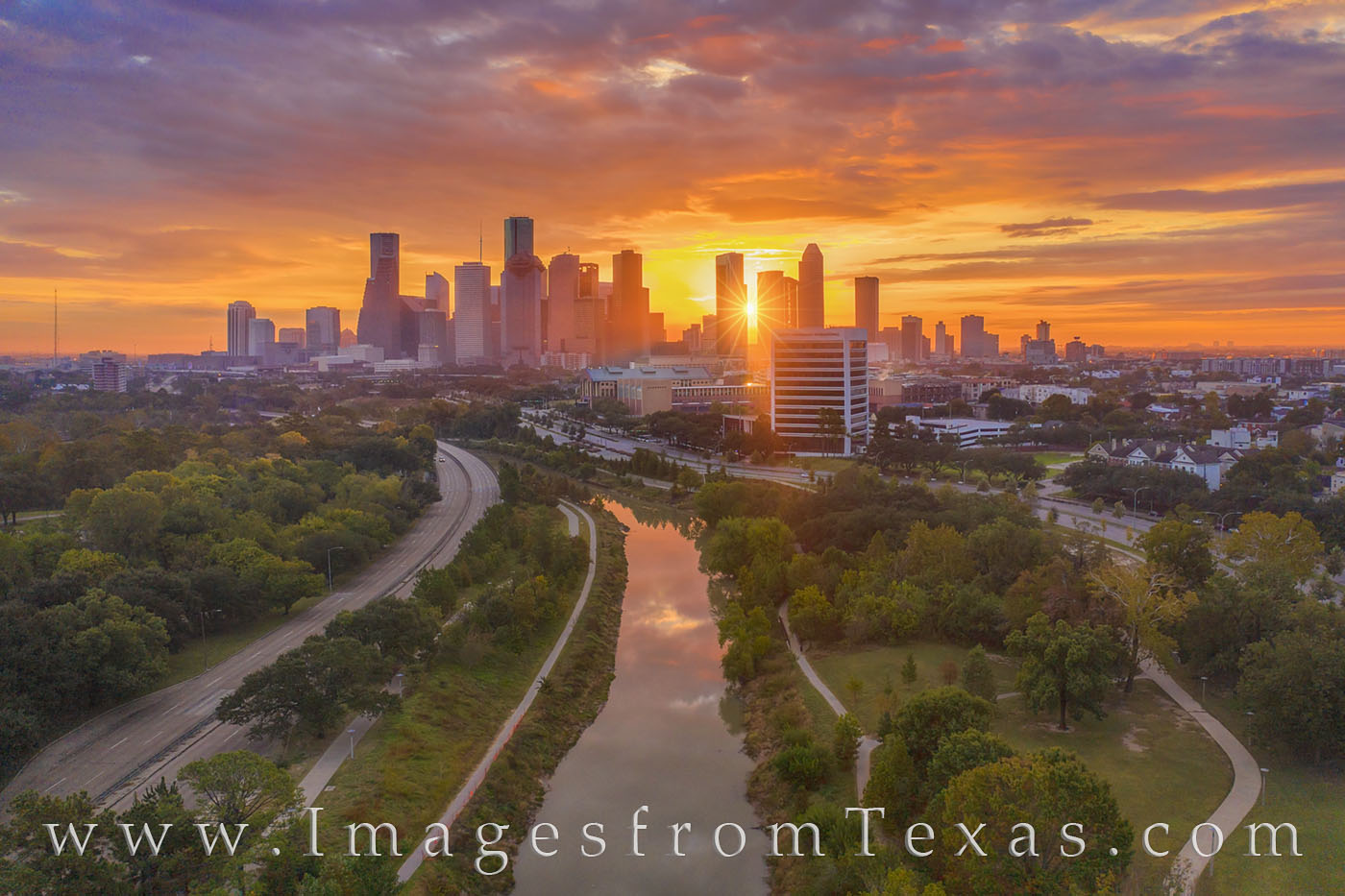 From high over Buffalo Bayou on a beautiful November morning, the sun breaks through the clouds and shines the first light of...