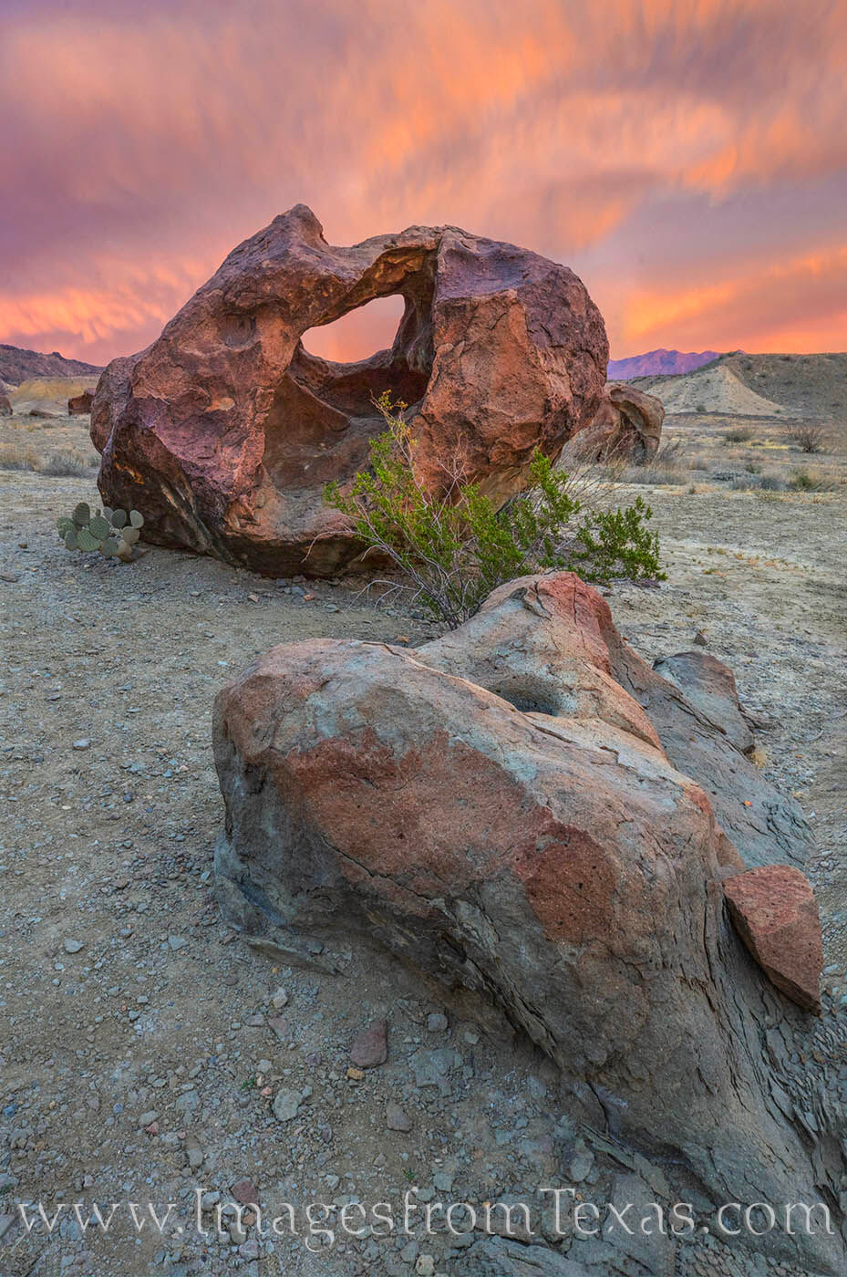 The "Donut" - a unique rock formation along the Indian Head Trail in Big Bend National Park, rests under a pastel sky in late...
