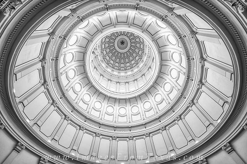 This black and white photograph shows the interior of the Texas State Capitol dome. Using a wide angle lens from the 3rd floor...