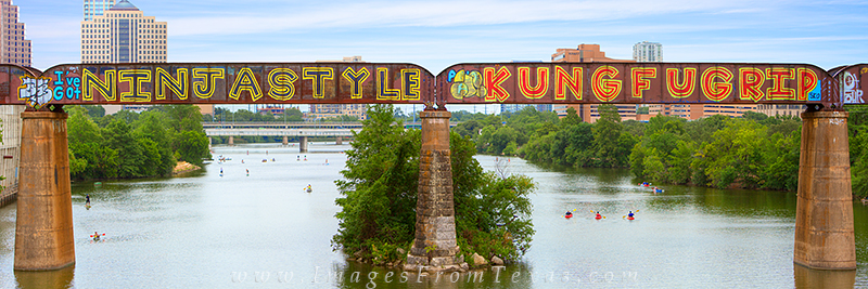 I shot this panorama of the train tracks and graffiti from the Pedestrian Bridge that spans Lady Bird Lake.