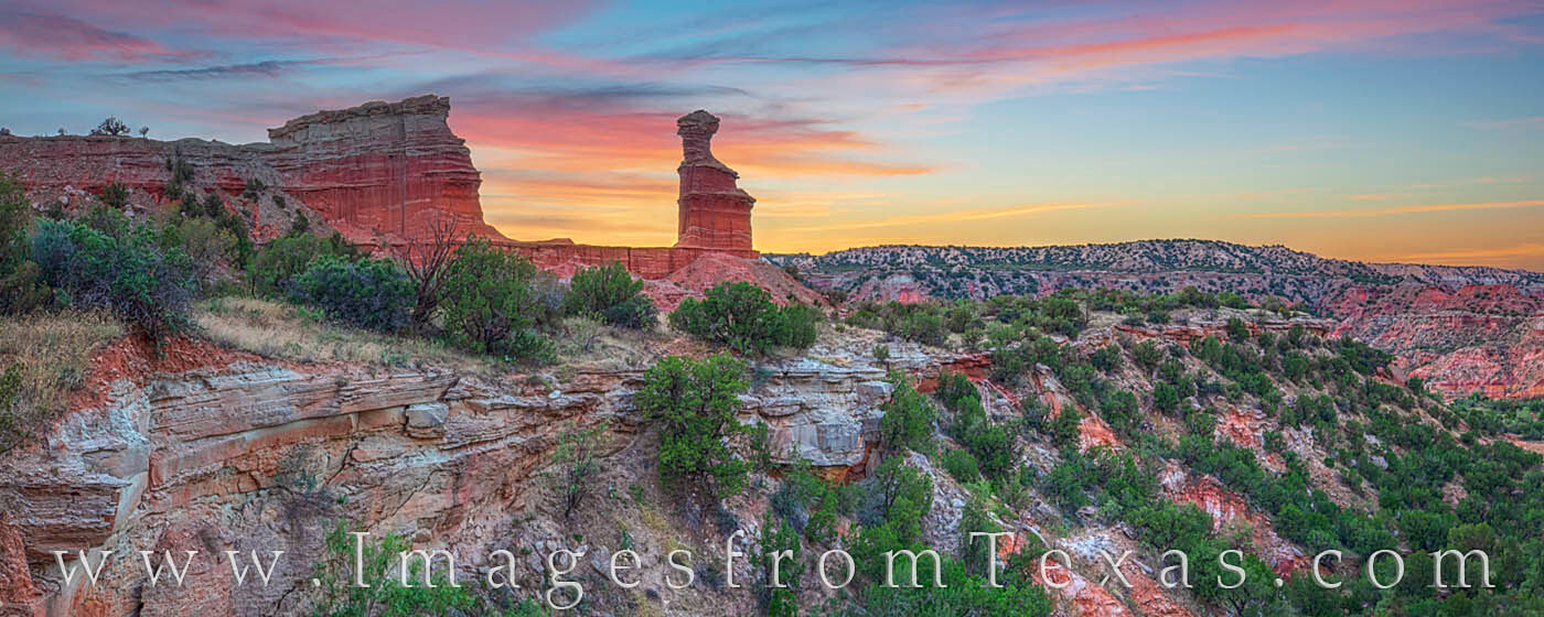 A colorful sunset spreads across the canyon of Palo Duro as the iconic Lighthouse hoodoo rises into the cooling air. The hike...