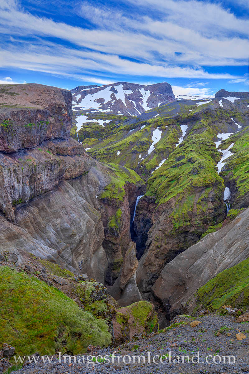 This view comes from the end of the Mulagljufur Canyon Trail in south Iceland. Mulafoss (the waterfall) is to the right (out...