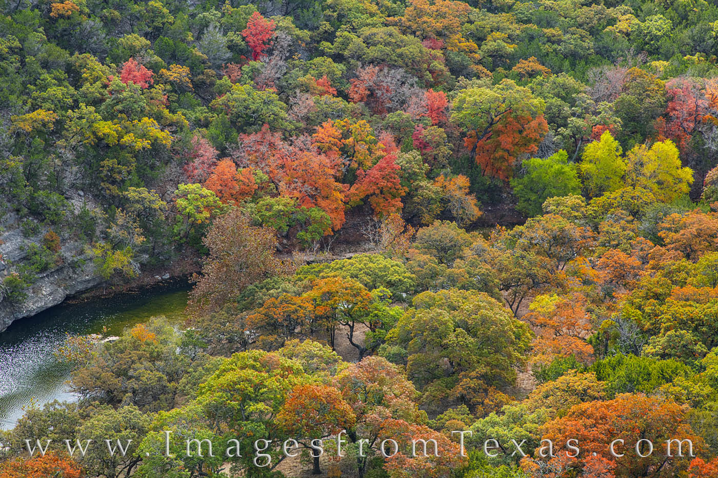 From high up on a trail, this view looks down at a small pond surrounding by the changing leaves of Autumn. This area in Lost...