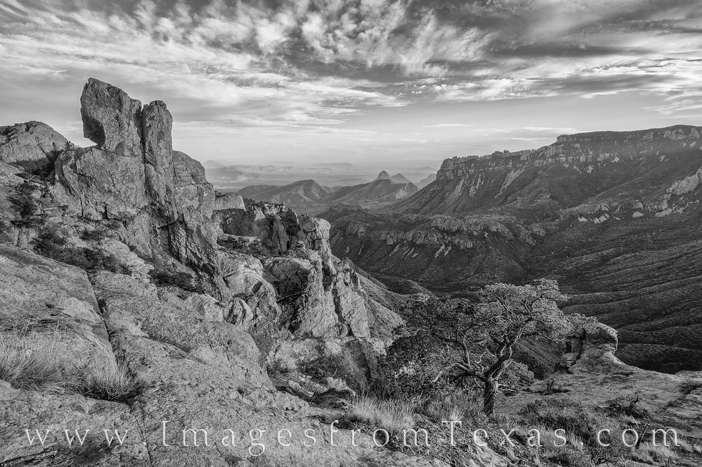 This black and white photograph comes from Big Bend National Park. The view is from the top of the Lost Mine Trail in heart of...