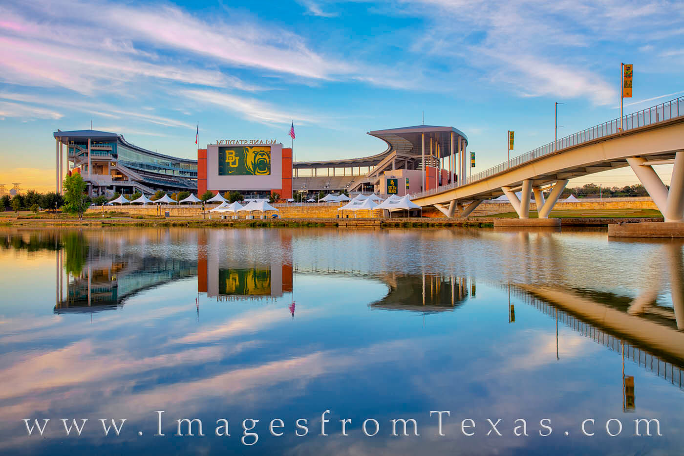 The Sheila and Walter Umphrey Pedestrian Bridge connects the Baylor University campus with McLane Stadium as it crosses the Brazos...
