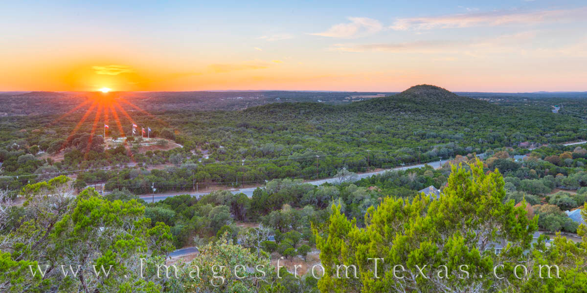 Sunset over the hill country. near Wimberley, Texas, is a beautiful moment. This panorama comes from the top of Old Baldy, one...