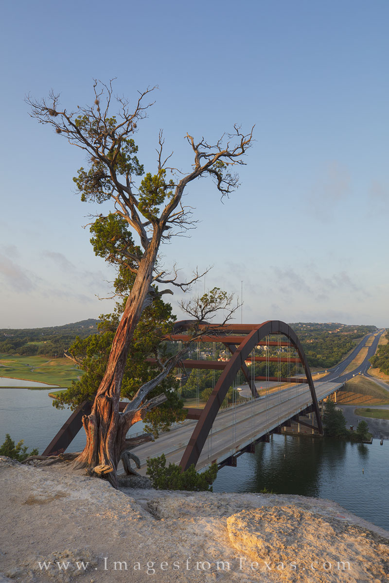 Morning from the limestone cliffs above Pennybacker Bridge is a favorite of local Austinites as well as tourists. From here...