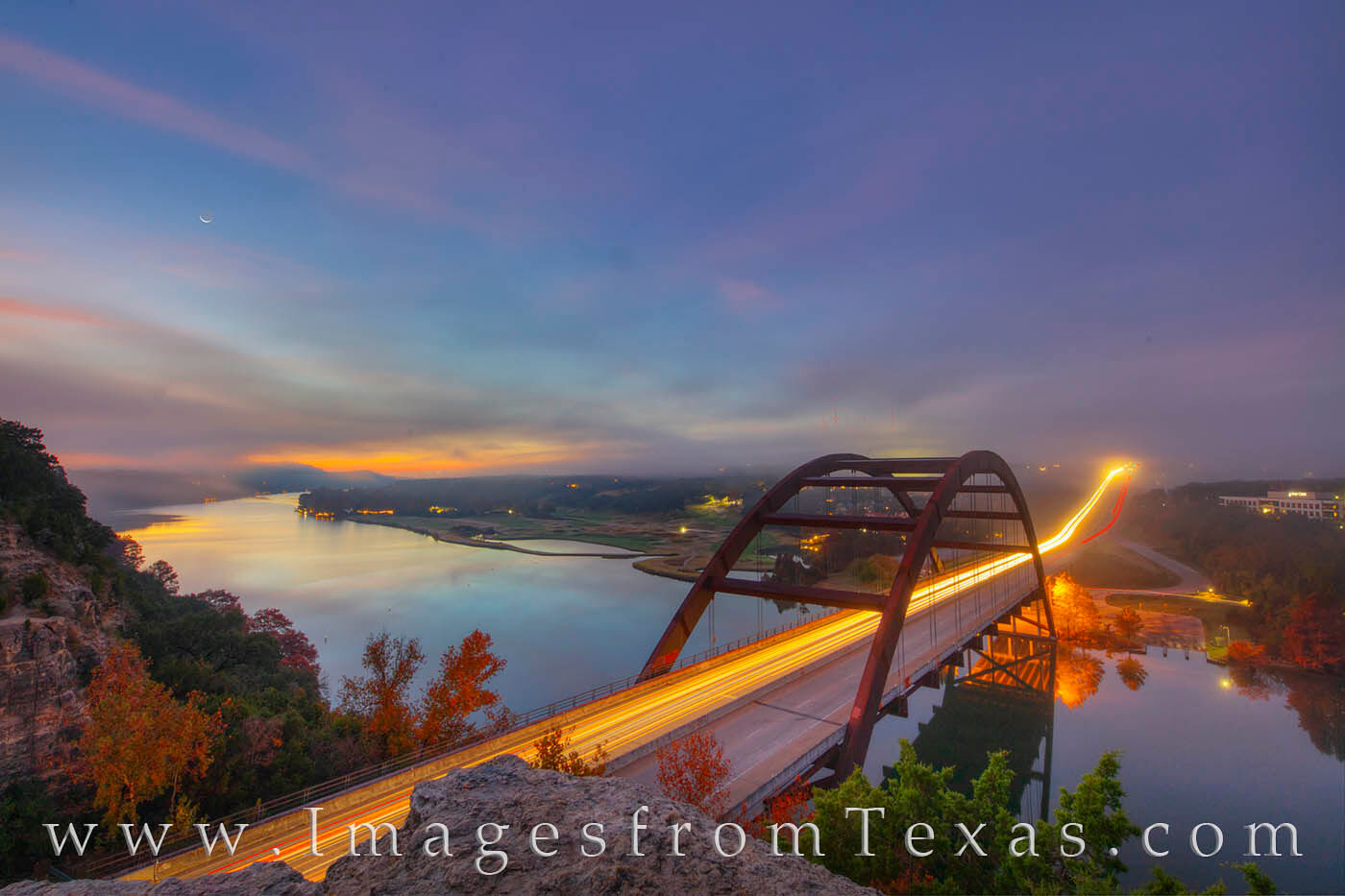 About 25 minutes before sunrise, the crescent moon rises into the misty skies over central Texas. Near the 360 Bridge (Pennybacker...