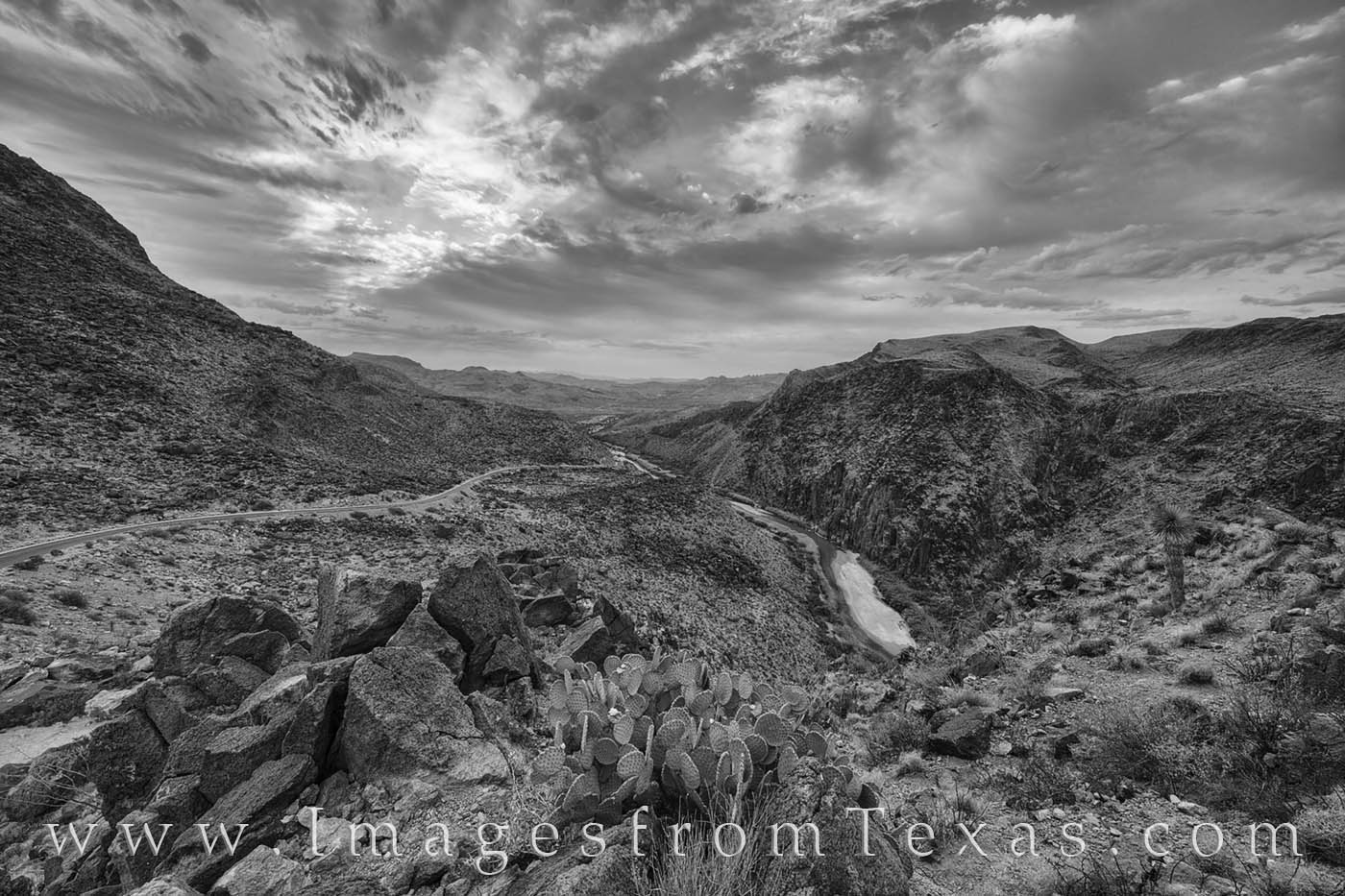 This black and white image from west Texas shows the Rio Grande as it winds east from Big Bend Ranch State Park to Big Bend National...