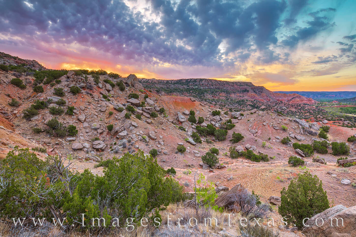 Sunrise brings vibrant colors to the Rock Garden Trail in Palo Duro Canyon.