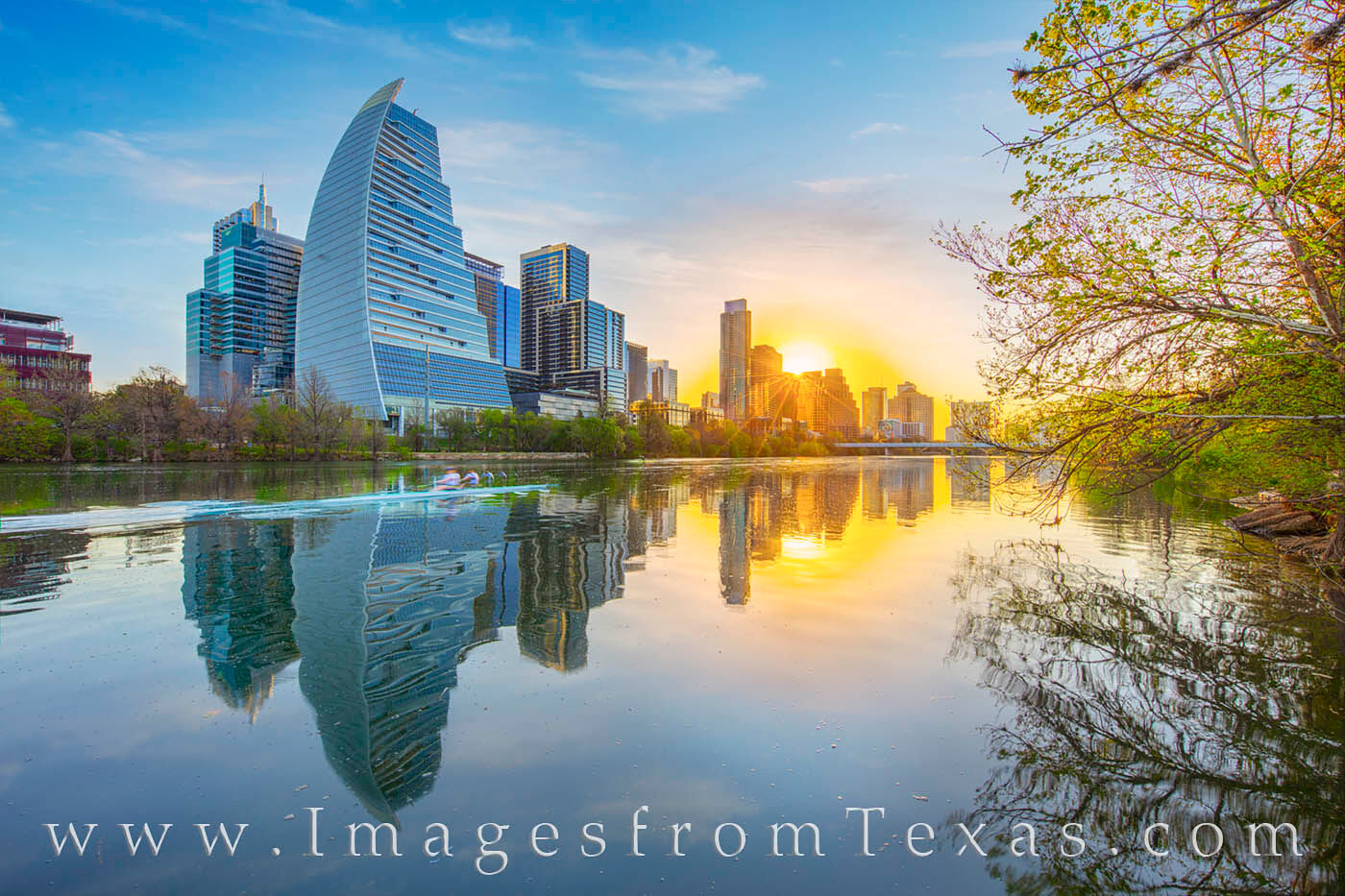 Lady Bird Lake offers perfect reflections of the Austin skyline on a beautiful morning.