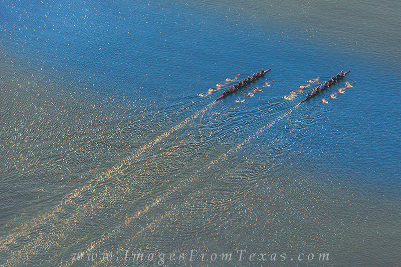 Rowers practice their skills on Town Lake (Ladybird Lake) at Zilker Park in Austin, Texas, This Austin image was captured early...