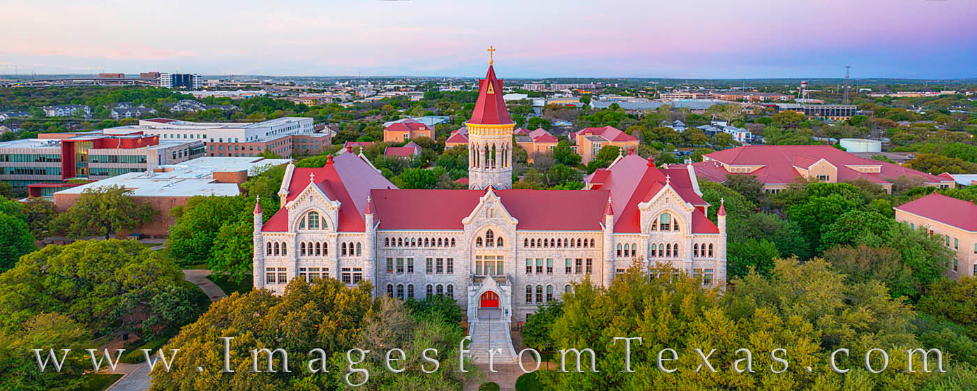 Seen here from above the rooftops, the view of St. Edward's University near downtown Austin is beautiful. This aerial panorama...