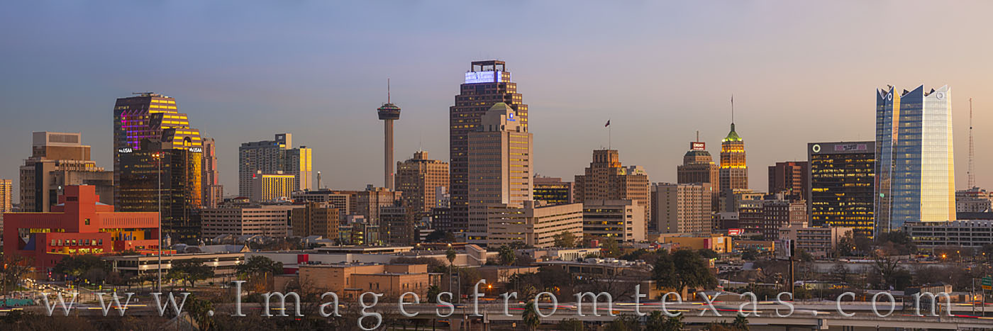 In the cool evening, the high rises of San Antonio begin to shine in the fading light. The Frost Tower (386’) is seen on the...
