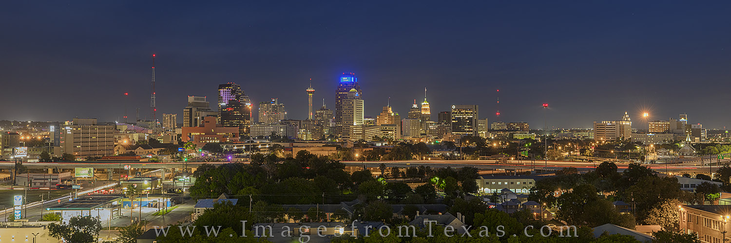 About 40 minutes after sunset, this is the San Antonio skyline looking southeast. The Tower of the Americas is arguably the most...