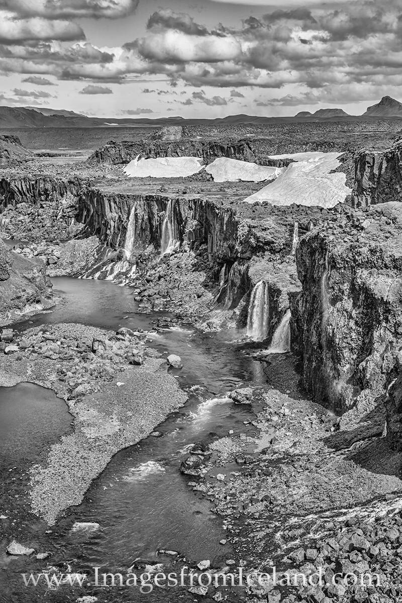 Sigoldugljufur Canyon, seen here in black and white, is also known as the Valley of Tears because of the beautiful waterfalls...