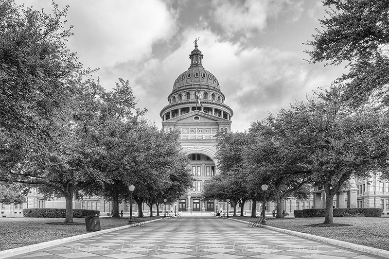 Early morning clouds float across the state capitol building in Austin, Texas, in this black and white photograph. I love the...
