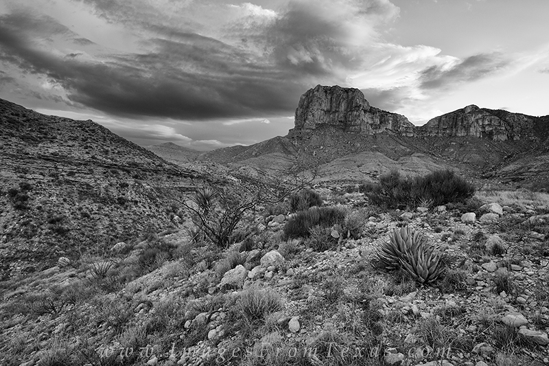 El Capitan is Texas' 8th tallest peak, and Guadalupe Peak is the highest point in the state. In this black and white image of...