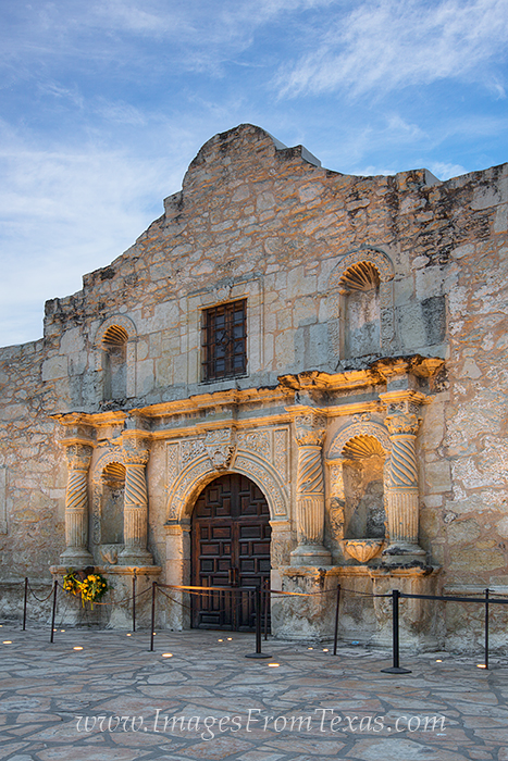 Shortly after sunrise, the Alamo enjoys blue skies on a March morning. Famous for the battle that occurred here on March 6, 1836...