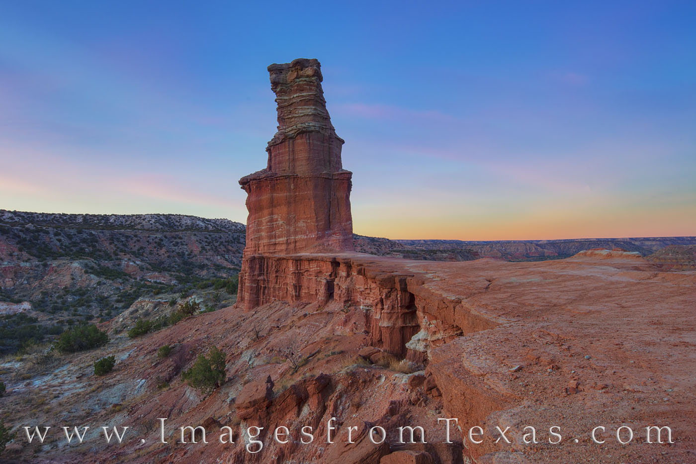 The Lighthouse in Palo Duro Canyon State Park rises into the cool November evening.