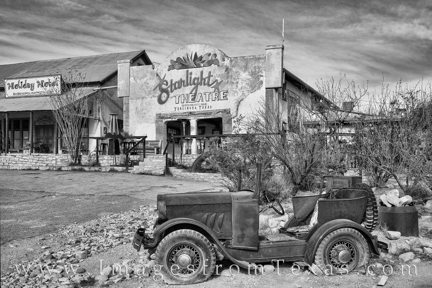 The Starlight Theater in Terlingua, Texas, on a cool spring morning in black and white.