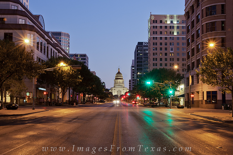This image of the Texas state capitol comes from Congress Avenue looking north. The capitol building plays a prominent role in...