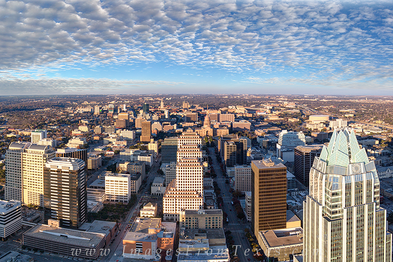 With nearly perfect afternoon clouds, this skyline image of Austin, Texas, was taken from the Austonian, currently the tallest...